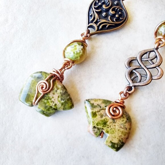 Unique Unakite Jasper Bear "Y" + Copper Necklace! 4 Wire Wrapped Beaded Sections - Picture 4 of 14